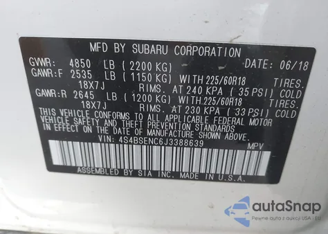 2018 Subaru Outback 3.6R Limited from USA, damaged, VIN 4S4BSENC6J3388639